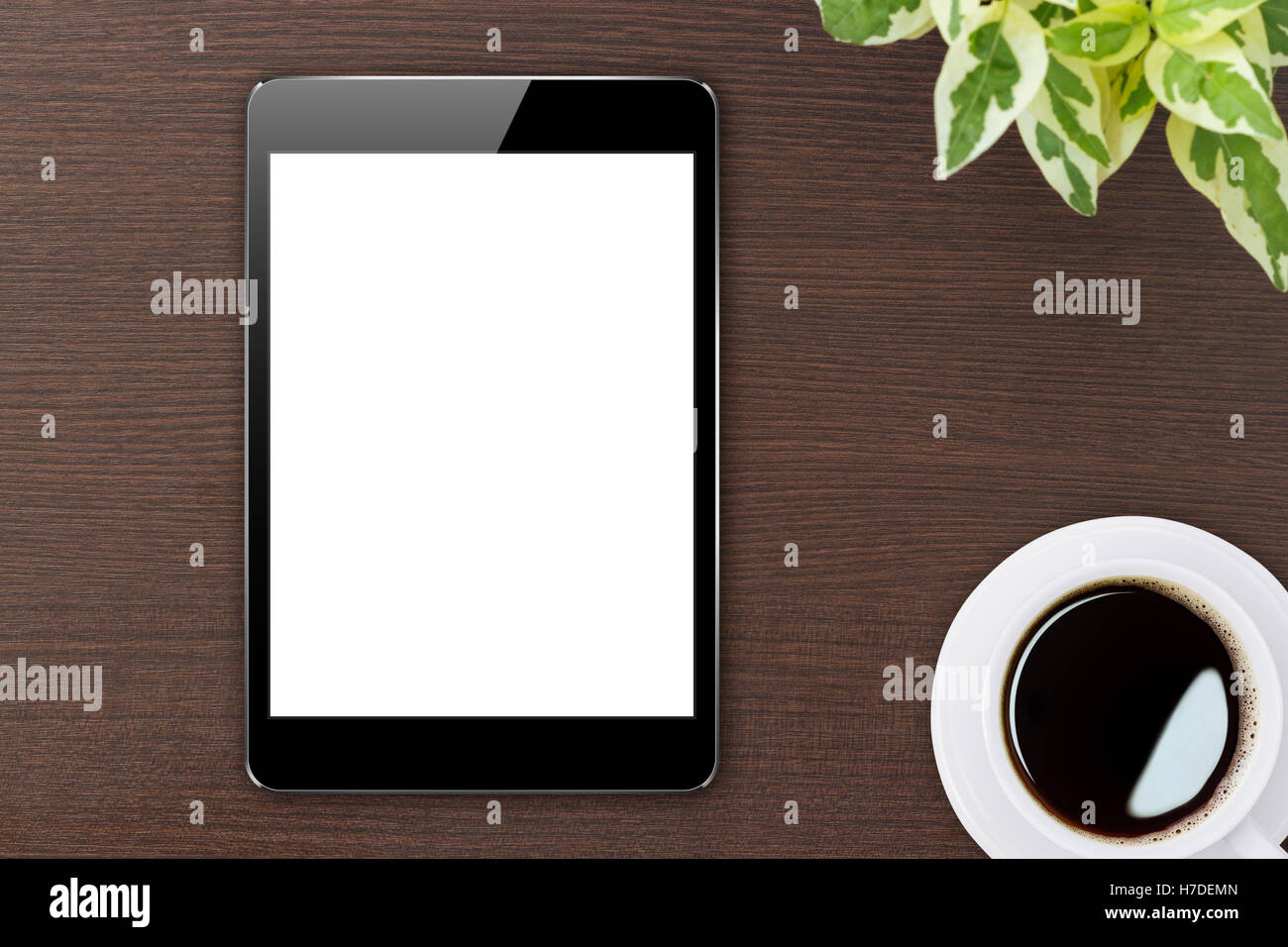 digital tablet blank screen on wood top view Stock Photo