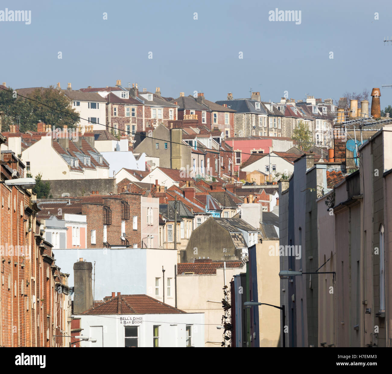 A view up Picton Street in Montpelier, Bristol. Looking towards the many layers of terraced housing. Stock Photo