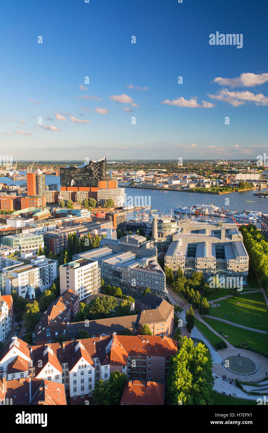 View of Elbphilharmonie, harbour and Elbe River, Hamburg, Germany Stock