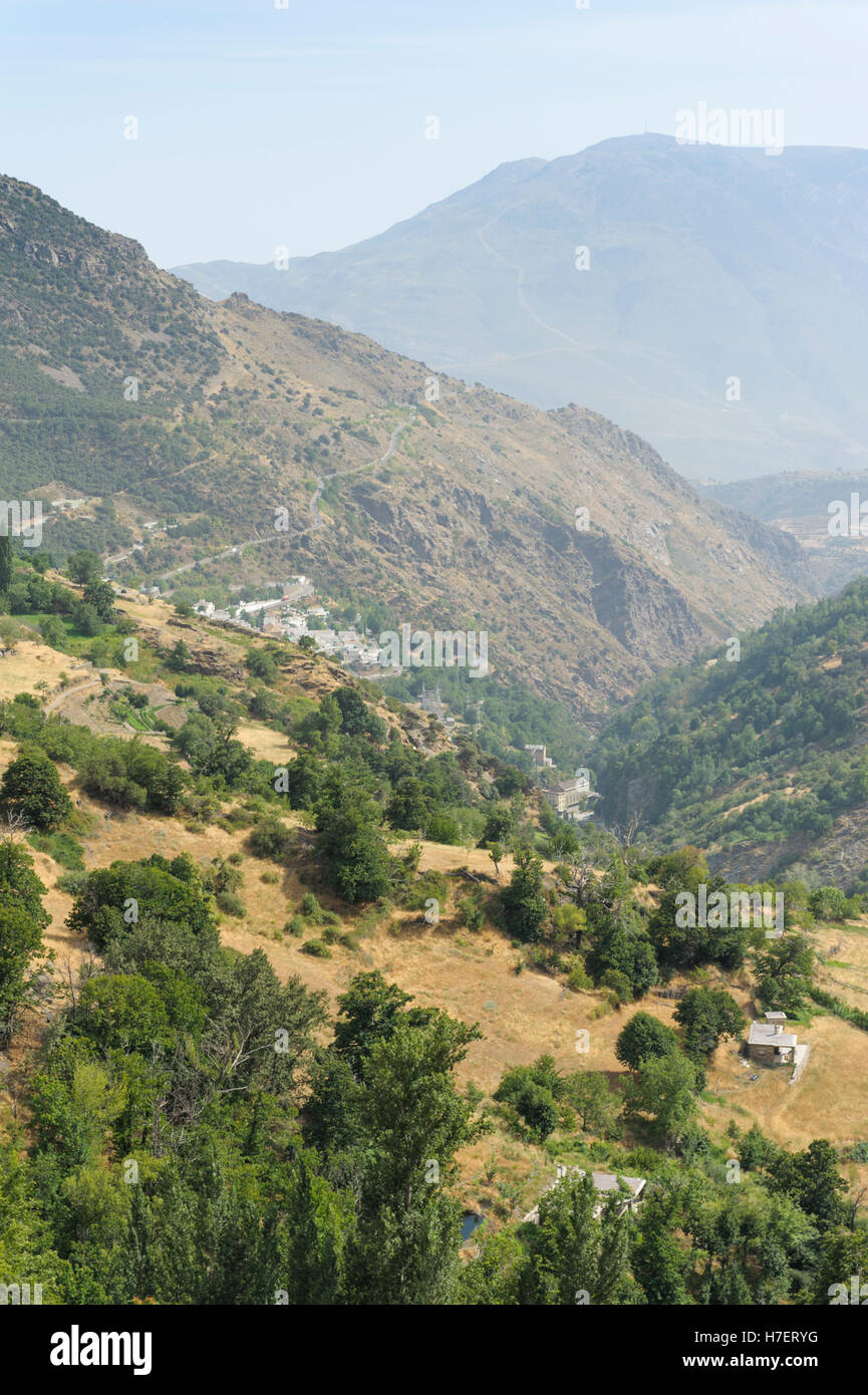 View down the valley toward Bubion from Capileira, Andalucia, Spain Stock Photo