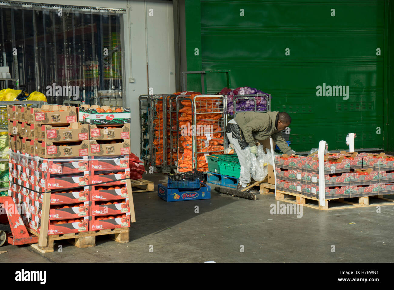 Worker packing vegetables at the New Covent Garden vegetable and fruit market. Vauxhall, London, UK Stock Photo