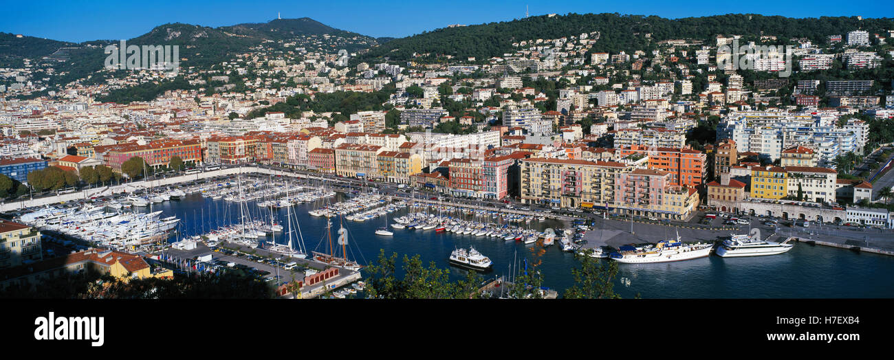 Elevated panoramic view of Nice harbour, Cote,dAzur Provence, France Stock Photo