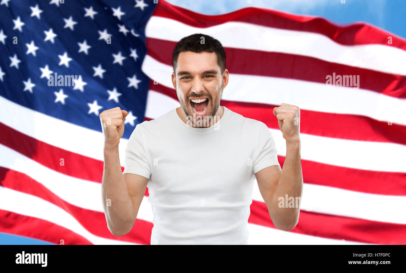 Angry Man Showing Fists Over American Flag Stock Photo Alamy