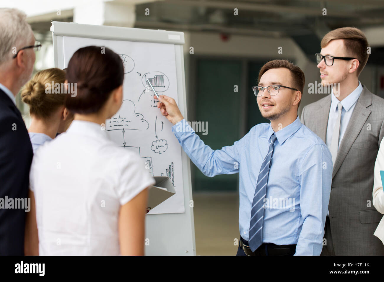 business team with scheme on flip chart at office Stock Photo