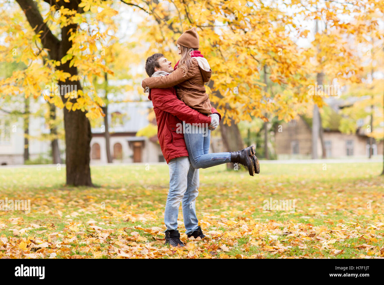 happy young couple meeting in autumn park Stock Photo - Alamy