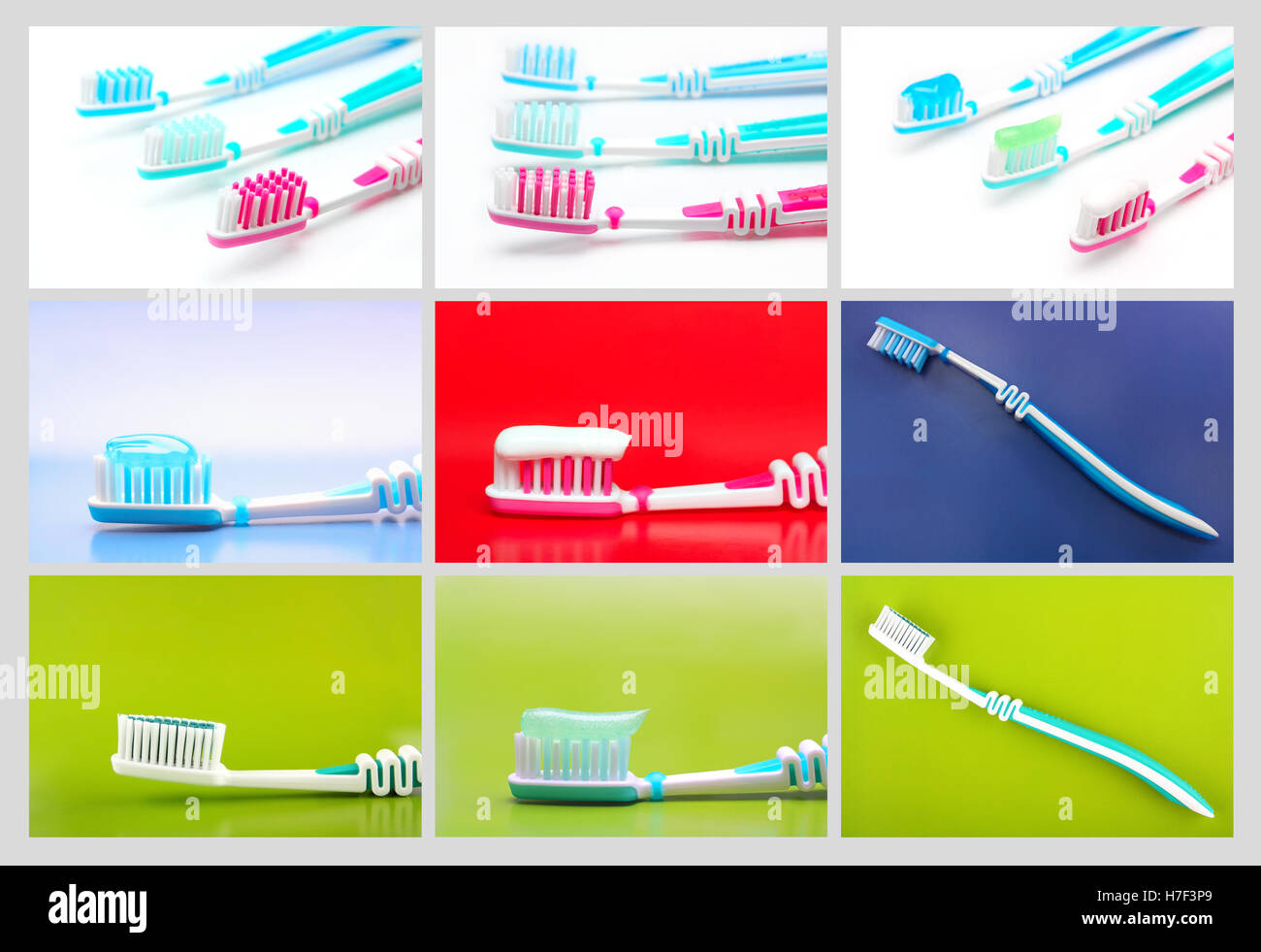 Set of multicolored toothbrushes on colored backgrounds Stock Photo Alamy