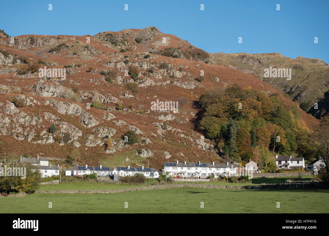 Solar powered cottages at Chapel Stile, Langdale Valley, Lake District, Cumbria, UK. Stock Photo