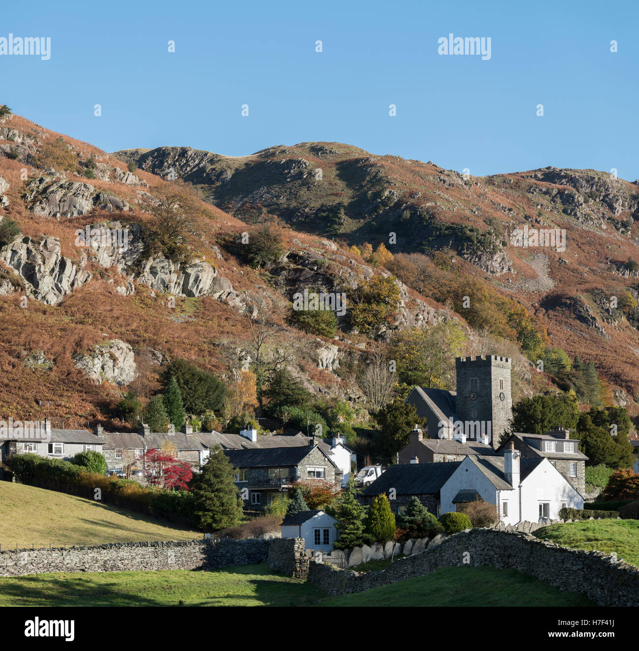 The hamlet of Chapel Stile, Langdale Valley, Lake District, Cumbria, UK. Stock Photo