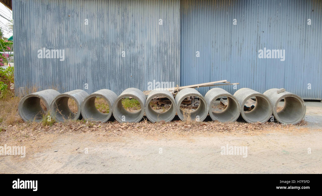 Concrete drainage pipes stacked for construction, irrigation, industry