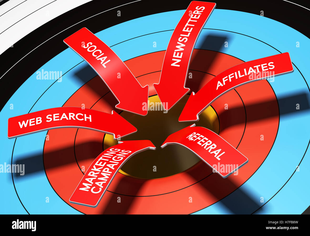 3D illustration of 6 arrows with text pointing the center of a target, horizontal image symbol of multi channel marketing and le Stock Photo