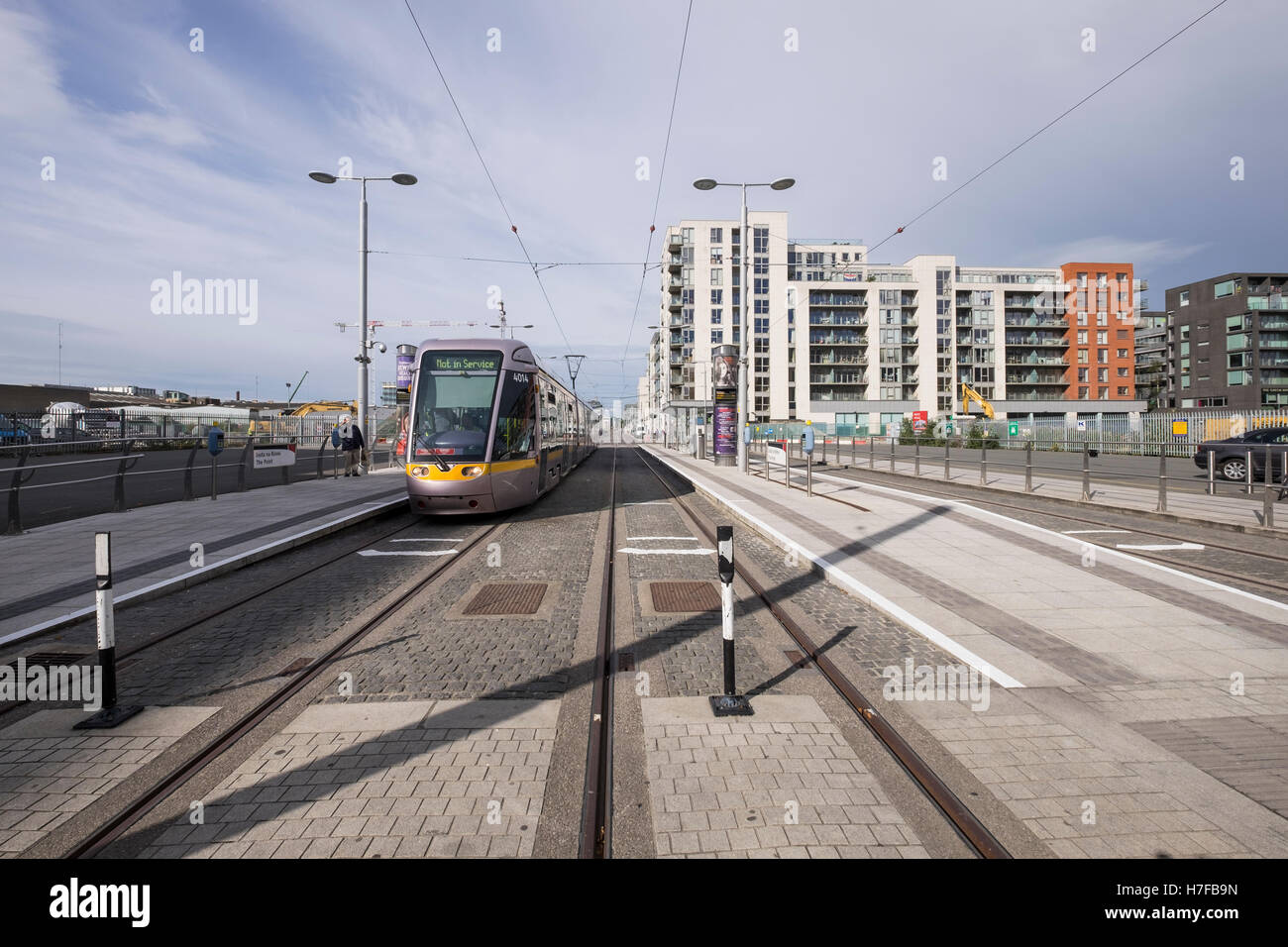 LUAS tram at the Point terminus in Dublin, Ireland Stock Photo