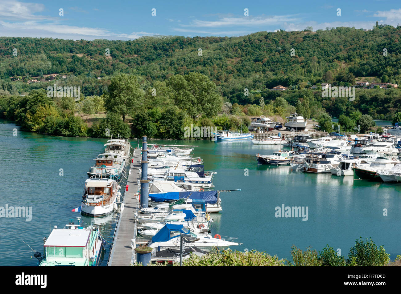 Pleasure craft moored in the marina of Les-Roches-de-Condrieu on the left banks of the Rhône river in Isère, France Stock Photo