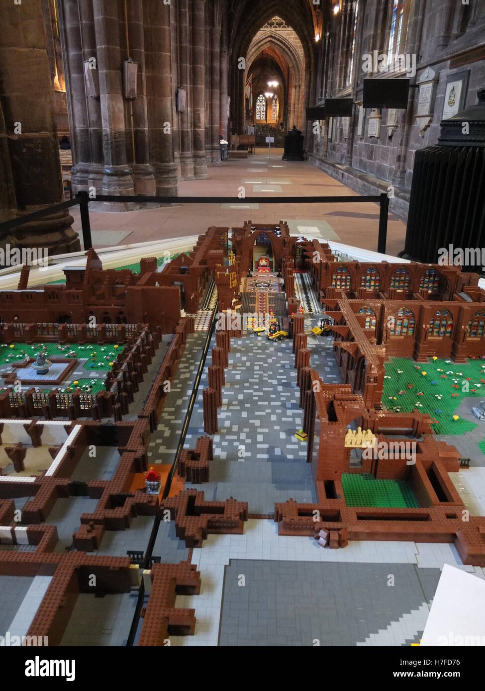 An ongoing model of Chester cathedral in Lego displayed inside the actual Cathedral, being done as fundraiser at £1 per brick Stock Photo - Alamy