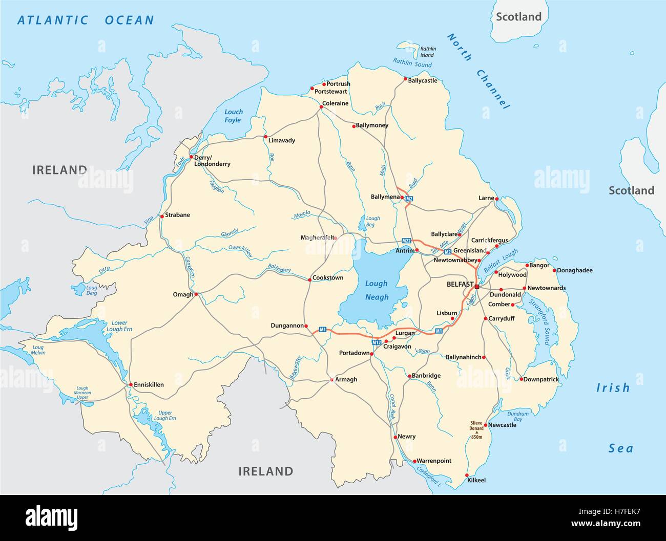 Detailed road map of the British province of Northern Ireland Stock Vector