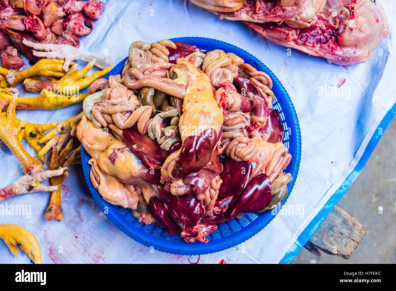 Poultry offal at the market, Nampan, Inle Lake, Shan State, Myanmar Stock Photo