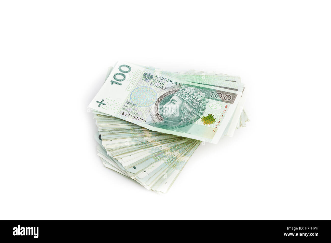 Pile of one hundred polish zloty (PLN) bills isolated on white ...