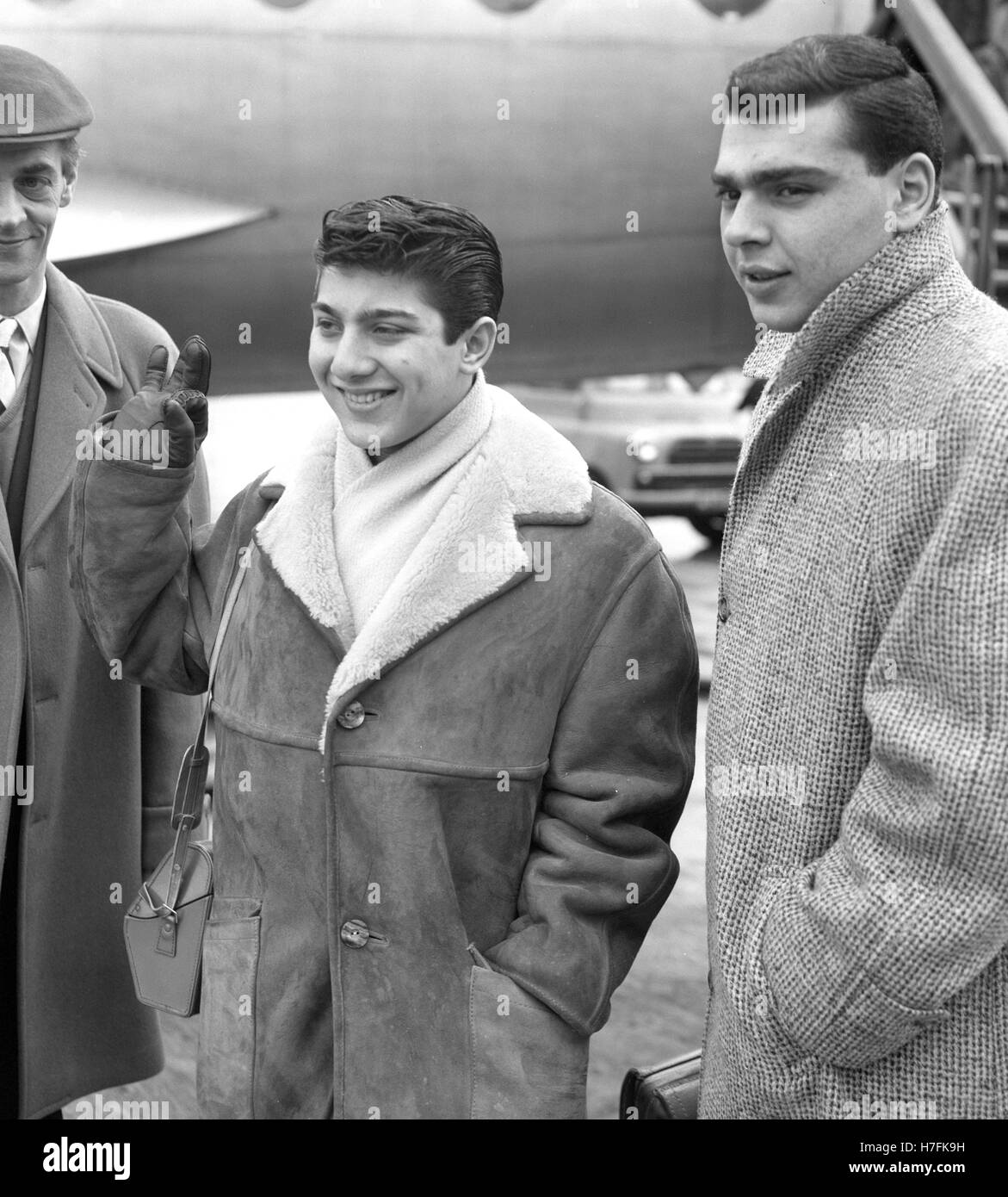 Canadian singing star Paul Anka, 17, pictured on his arrival at London Airport from Paris by BEA liner. Paul shot to fame and fortune with his first record Diana. Stock Photo