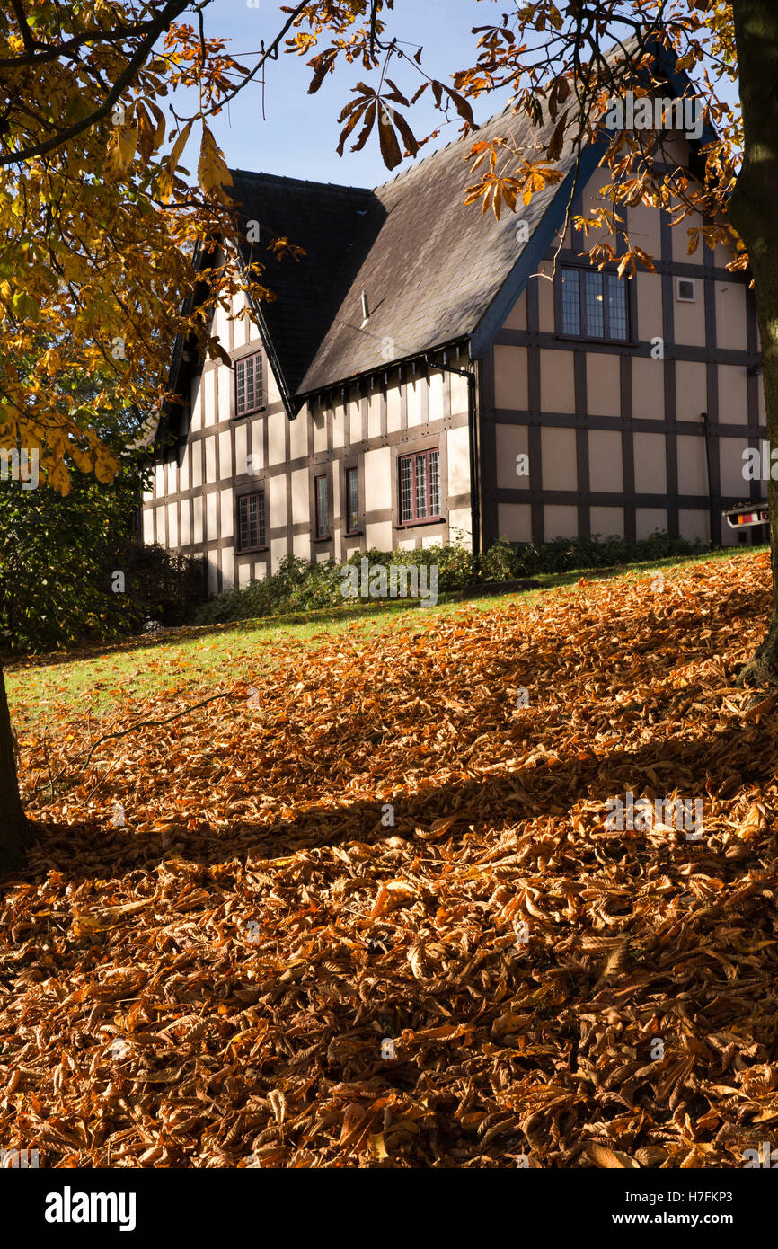 UK, England, Cheshire, Sandbach, Well Bank, modern black and white building amongst autumnal trees Stock Photo