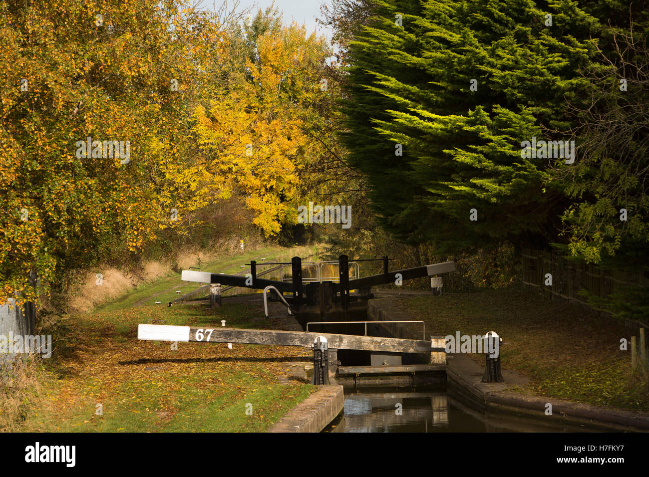 UK, England, Cheshire, Sandbach, Moston, Lock 67 on Trent and Mersey Canal, autumn Stock Photo