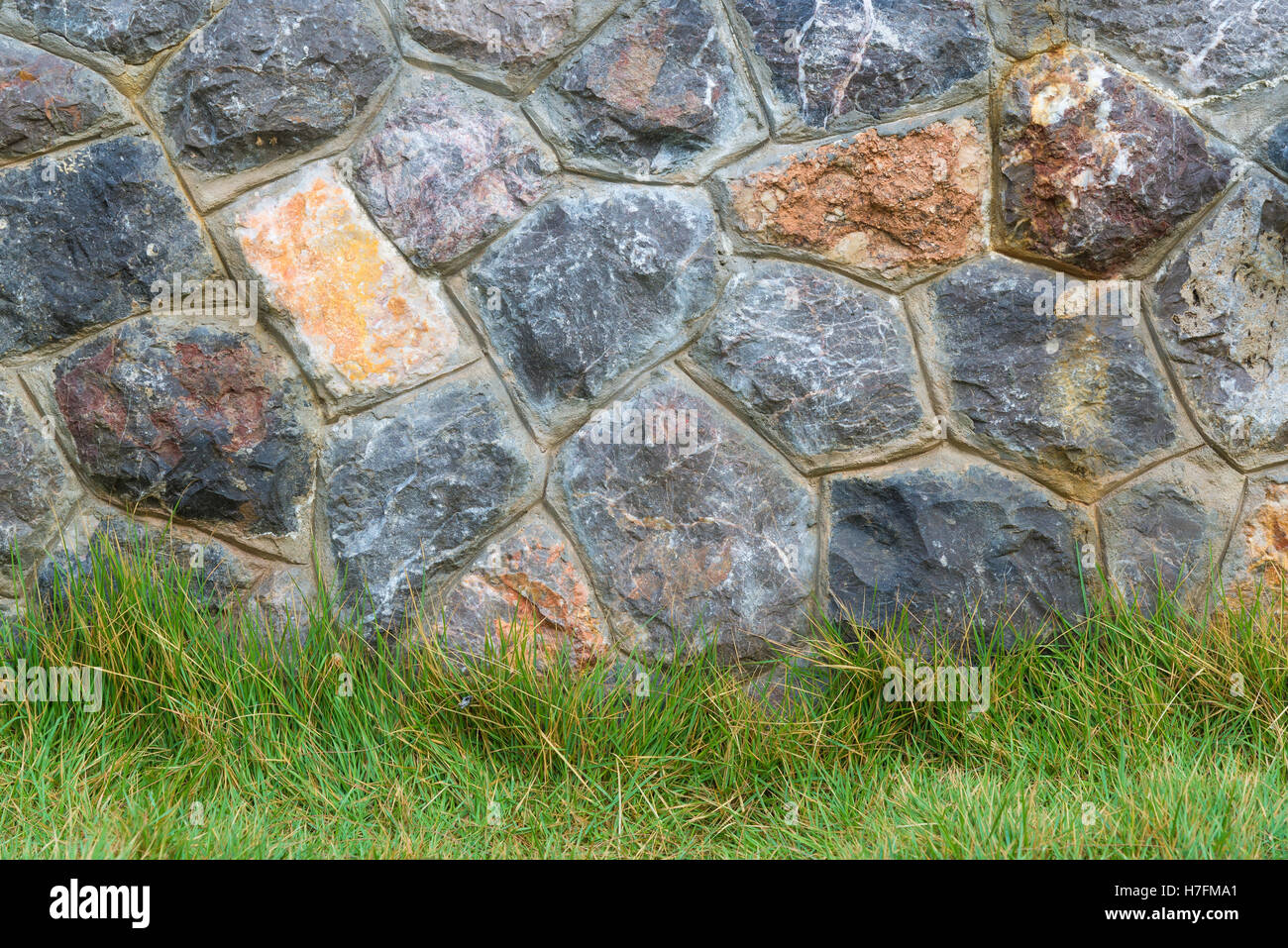 Stone wall and green grass floor, background and texture Stock Photo ...