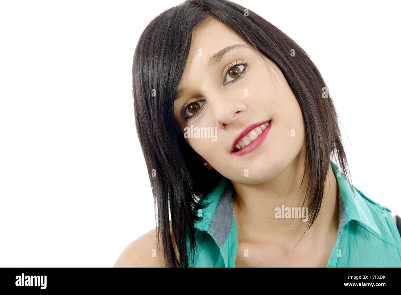portrait of a beautiful young brunette girl with a green shirt Stock ...