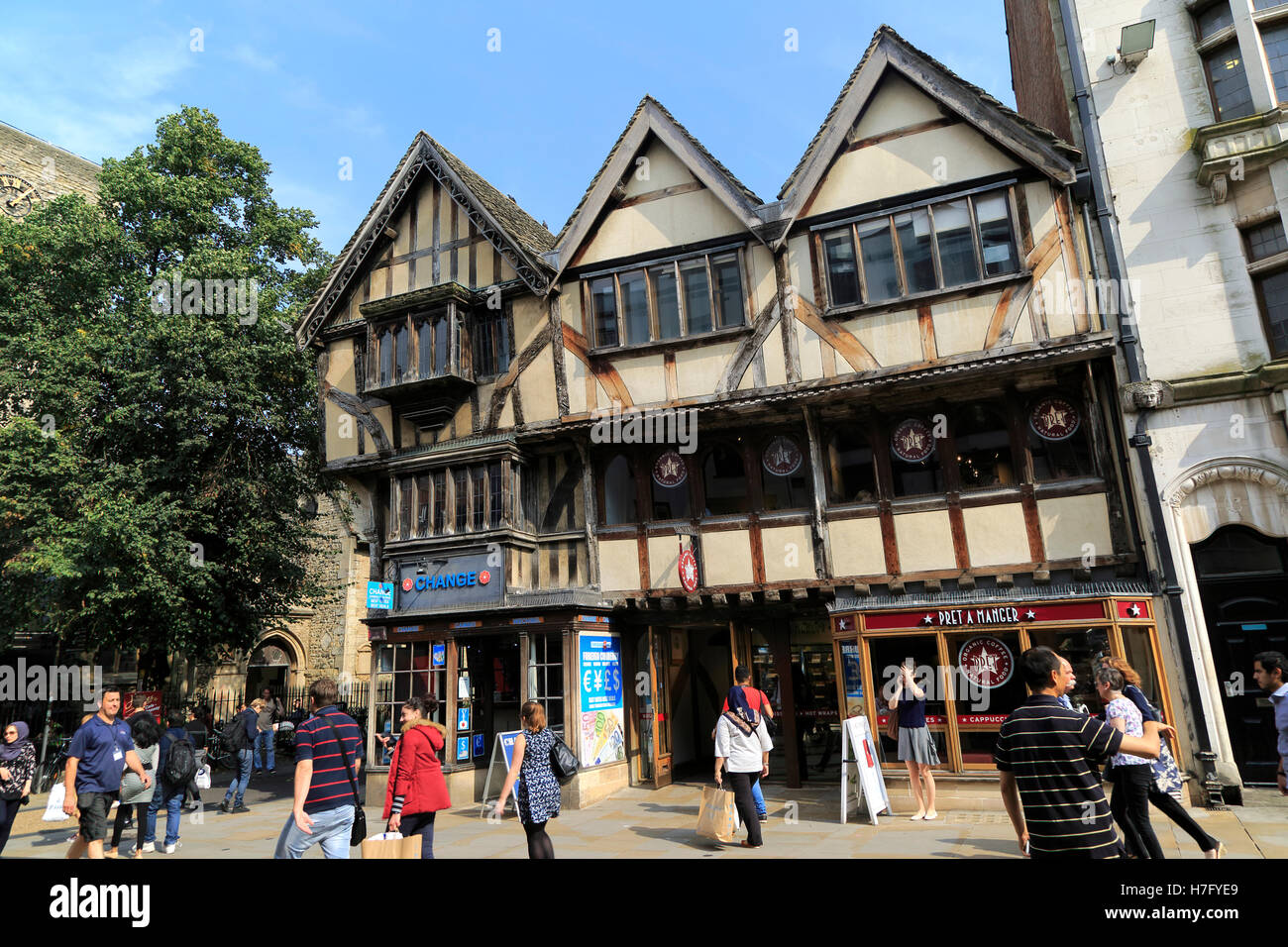 Historic half-timbered buildings on Cornmarket Street, city centre Oxford, England, UK Stock Photo