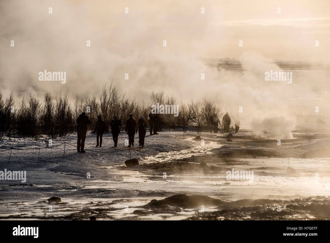 Tourists among steam fumes around the great Geyser Iceland Stock Photo