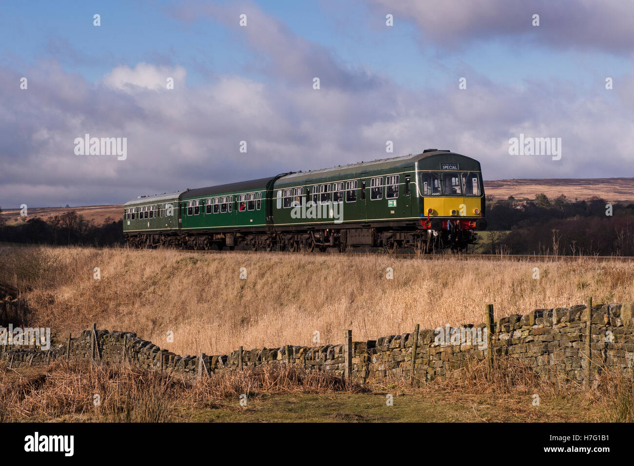 BR Class 101 Diesel Multiple Unit No. 101685 'Daisy' -  locomotive train traveling on the North Yorkshire Moors Railway, GB, UK. Stock Photo