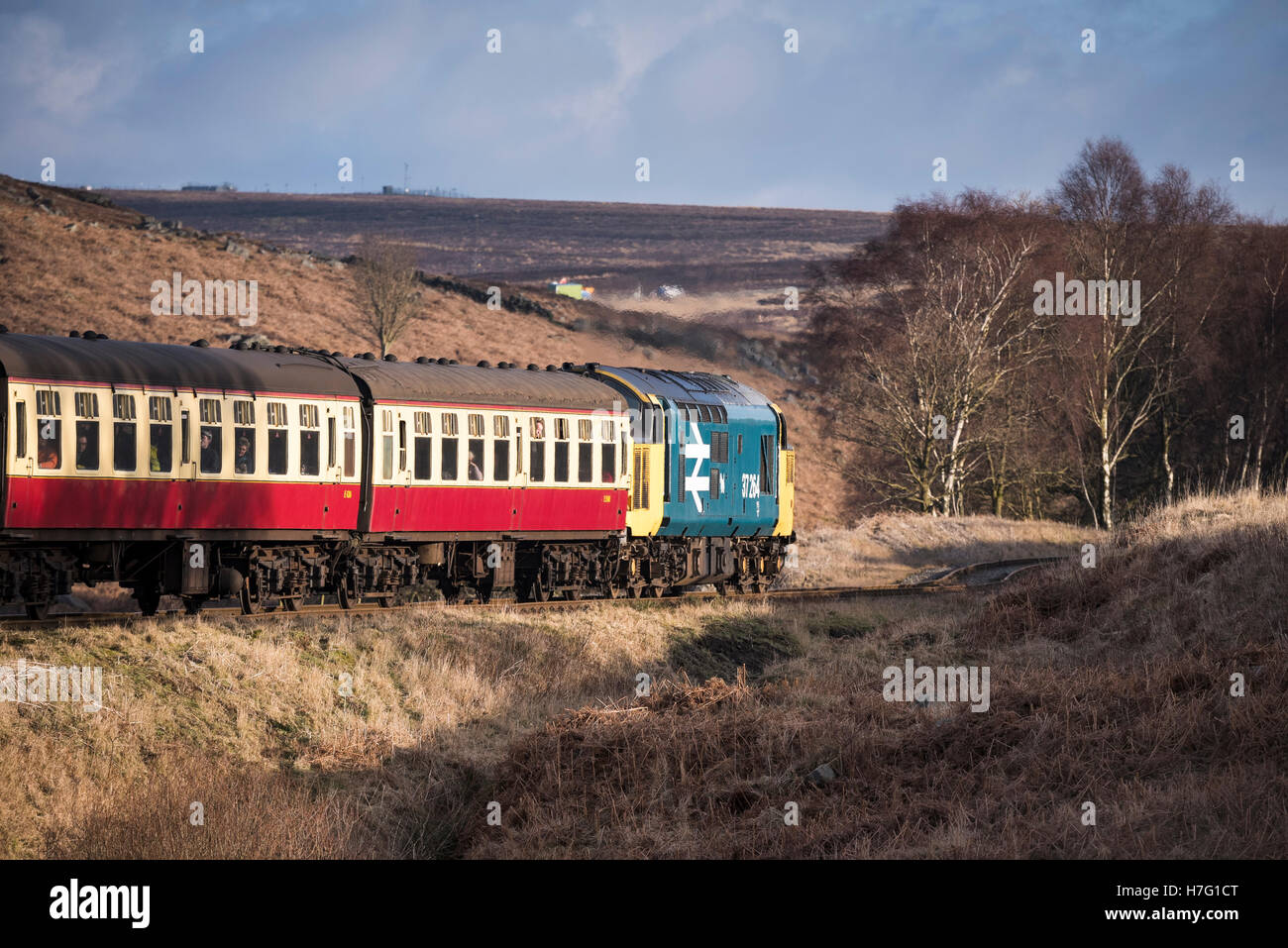BR Class 37 'Co-Co' No. 37264 diesel locomotive train traveling on the tracks of the North Yorkshire Moors Railway, GB, UK. Stock Photo