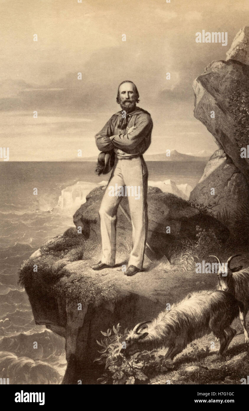 Giuseppe Garibaldi on a cliff of the isle of Caprera, etching Stock Photo