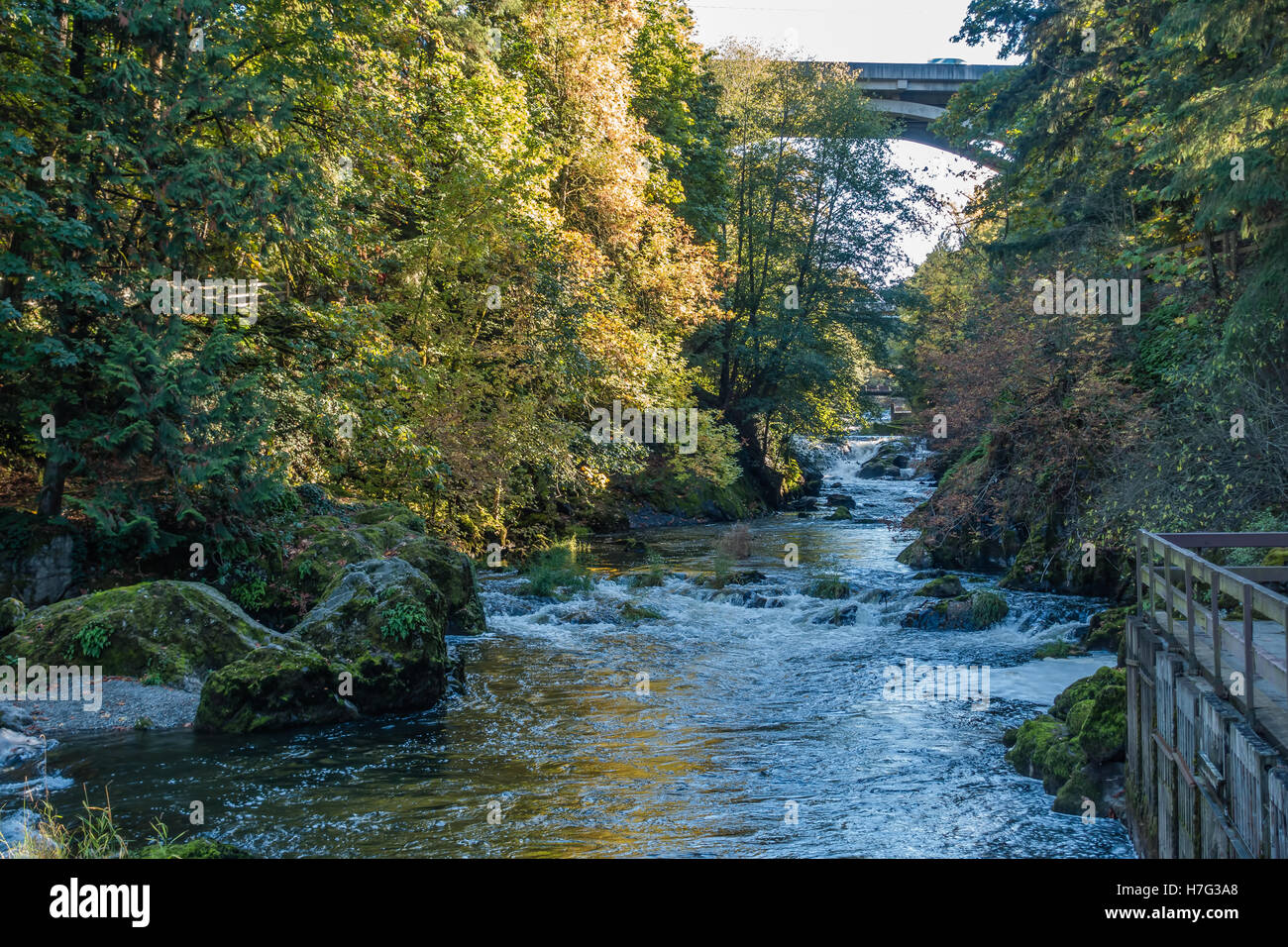A view of the Deschutes River with bridges in the distance Stock Photo
