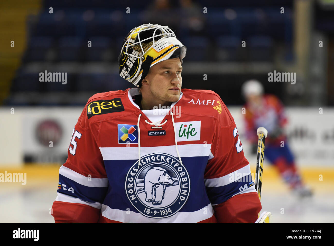 Henrik Holm of the Stavanger Oilers on international duty with Team Norway during the international series v Team GB. Stock Photo