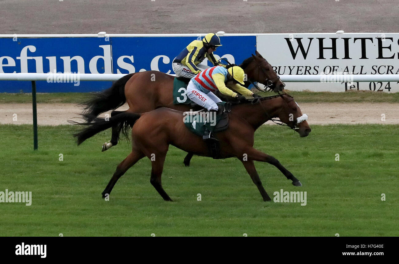 Ballydague lady ridden by Noel Fehily (right) before winning the Willmott Dixon Supply Chain Handicap Chase ahead of Kitchapoly ridden by Harry Skelton at Warwick Racecourse, Warwick. Stock Photo