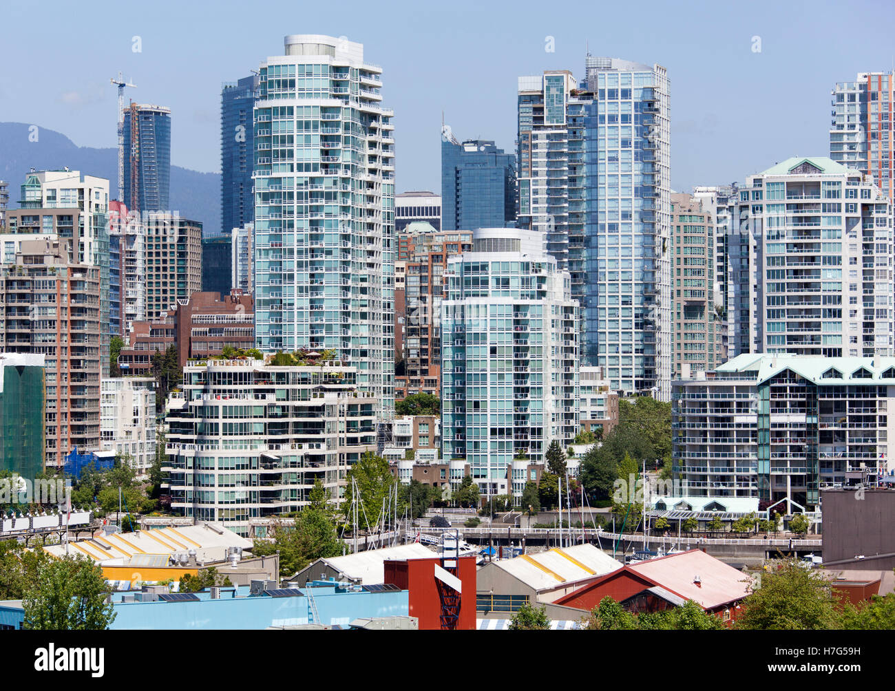 The skyline of tall apartment buildings in Davie Village residential district (Vancouver, British Columbia). Stock Photo