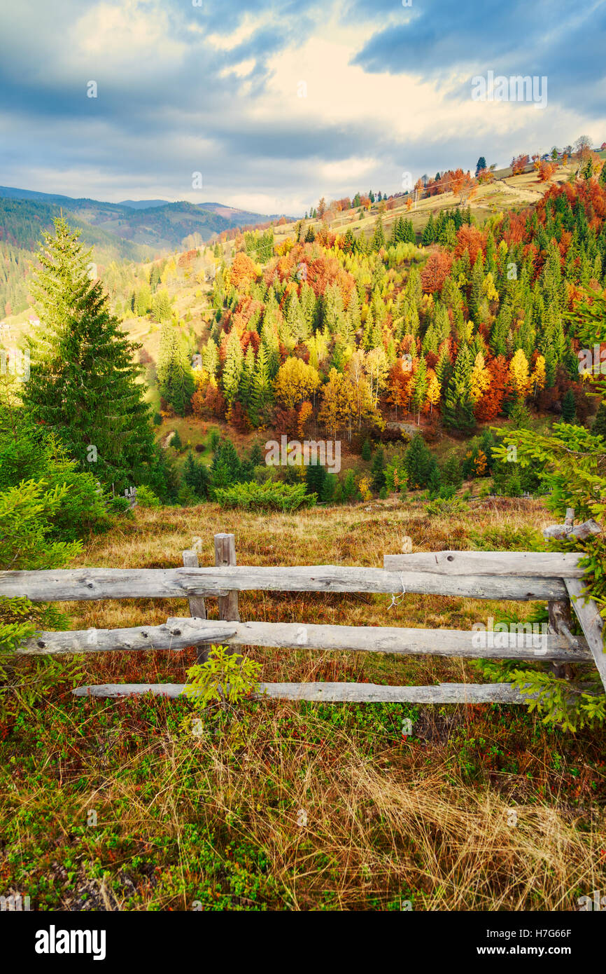 Colorful autumn landscape scene with fence in Transylvania mountain ...