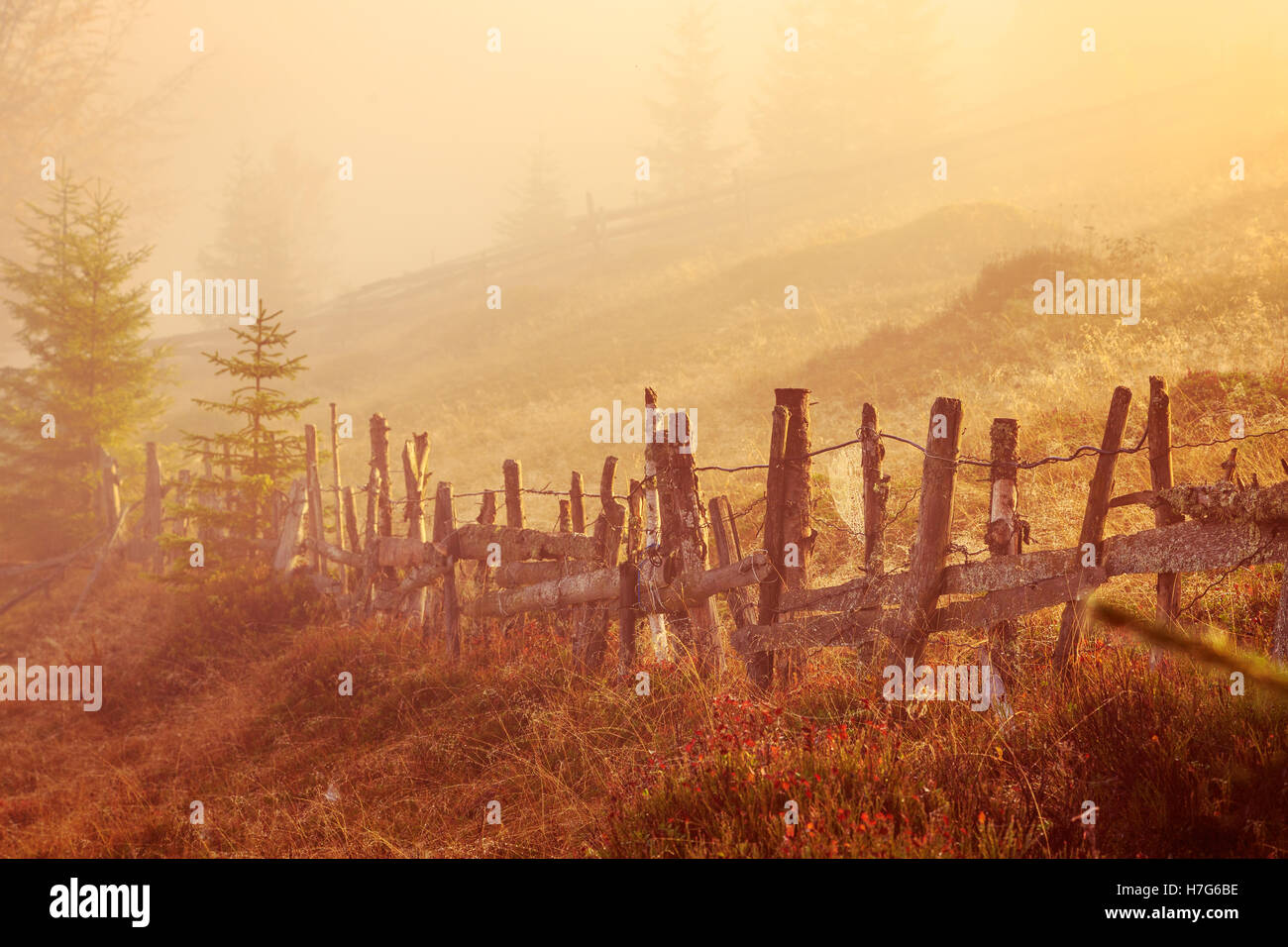 Colorful autumn landscape scene with fence in Transylvania mountain ...
