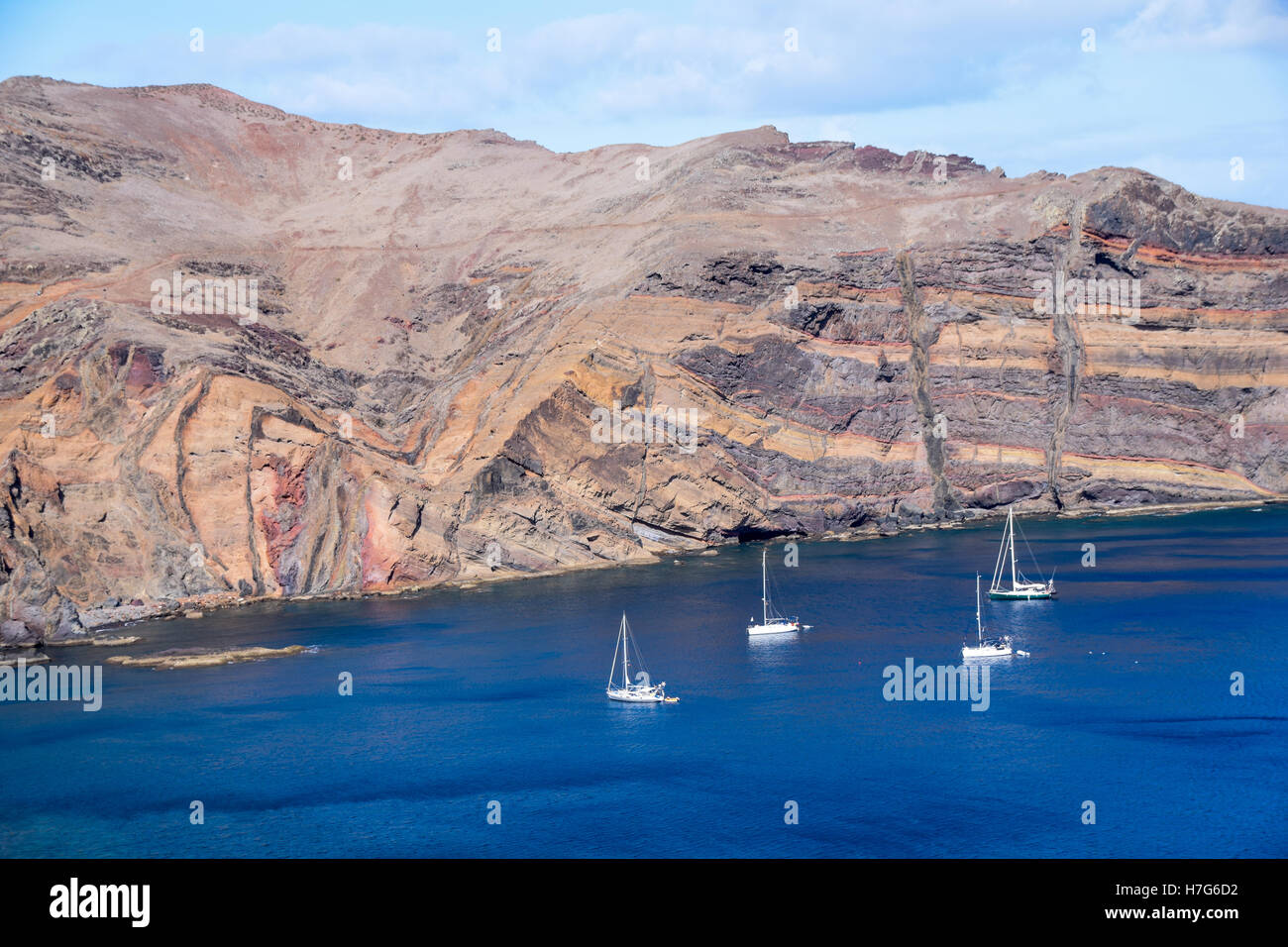 Sailing boats in natural harbour at Ponta do Rosto Madeira Stock Photo