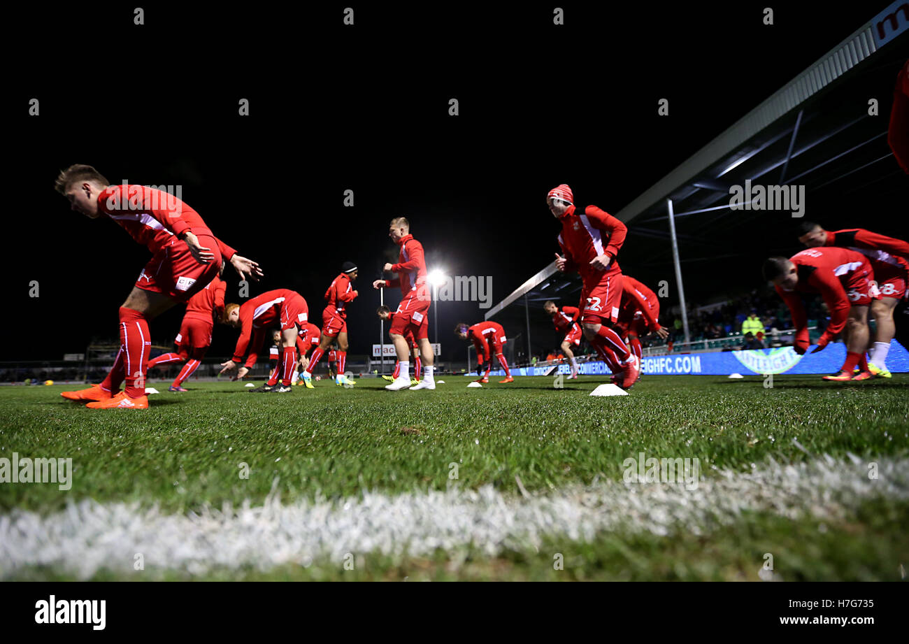 Swindon Town players warming up prior to the Emirates FA Cup first round match at Silverlake Stadium, Eastleigh. Stock Photo
