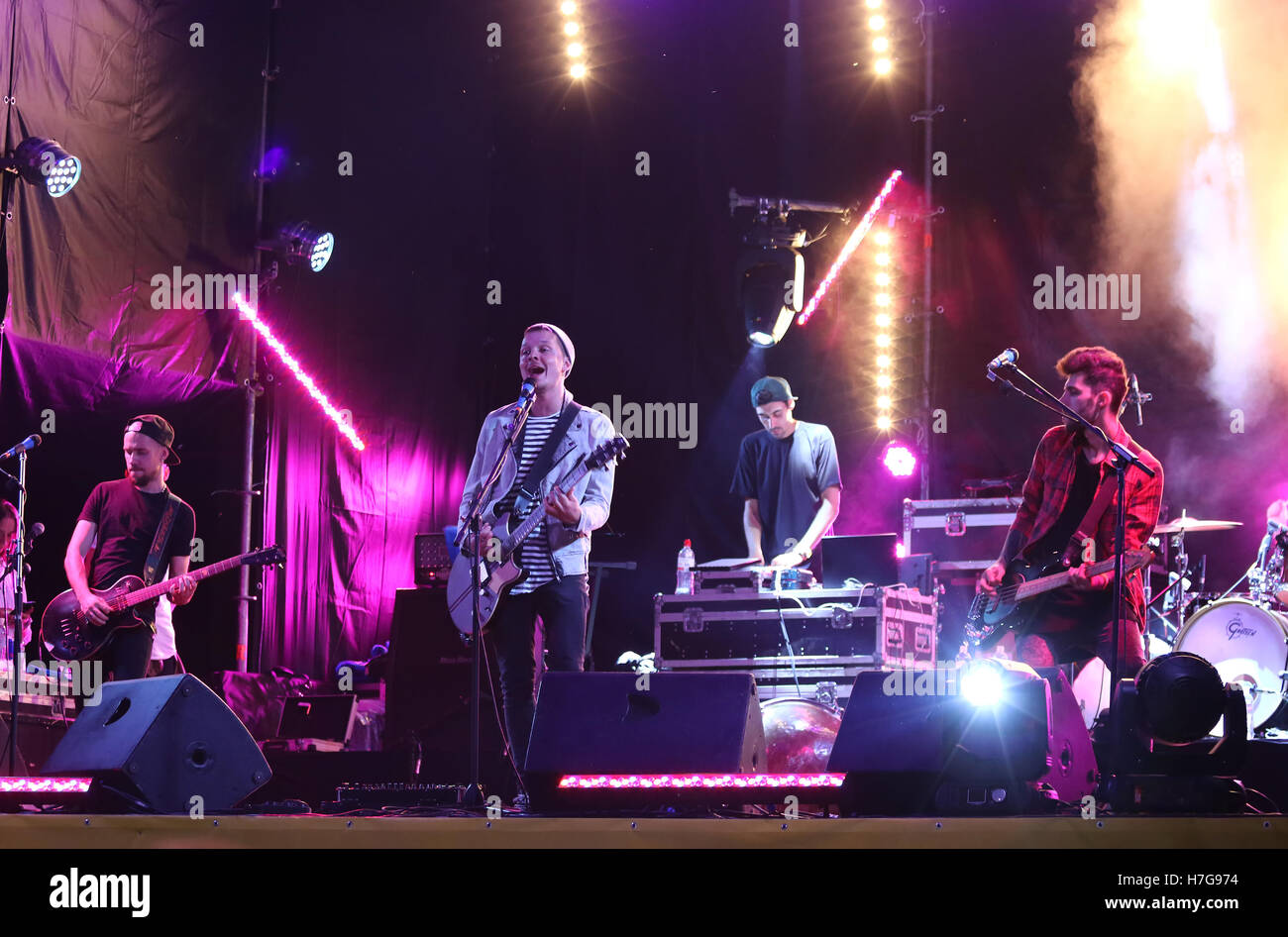 KYIV, UKRAINE - SEPTEMBER 5, 2016: O.Torvald band performs on stage near the NSC Olympic stadium during rock-concert before FIFA World Cup 2018 qualifying game Ukraine v Iceland in Kyiv, Ukraine Stock Photo