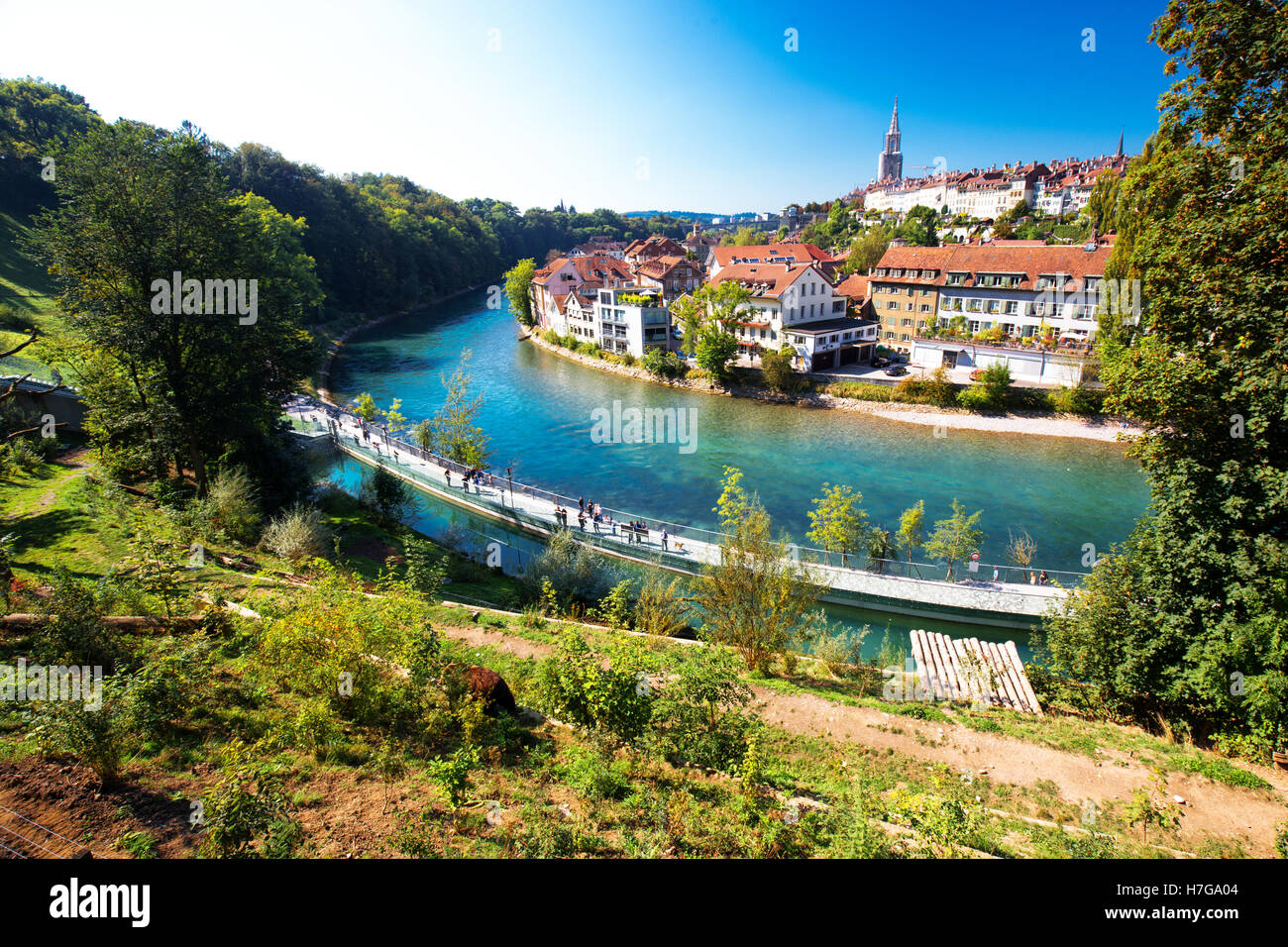 View of Bern old city center with river Aare. Bern is capital of Switzerland and fourth most populous city in Switzerland. Stock Photo
