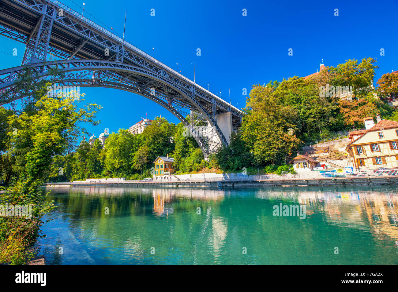 Bridge in old city center of Bern.  Bern is capital of Switzerland and fourth most populous city in Switzerland. Stock Photo