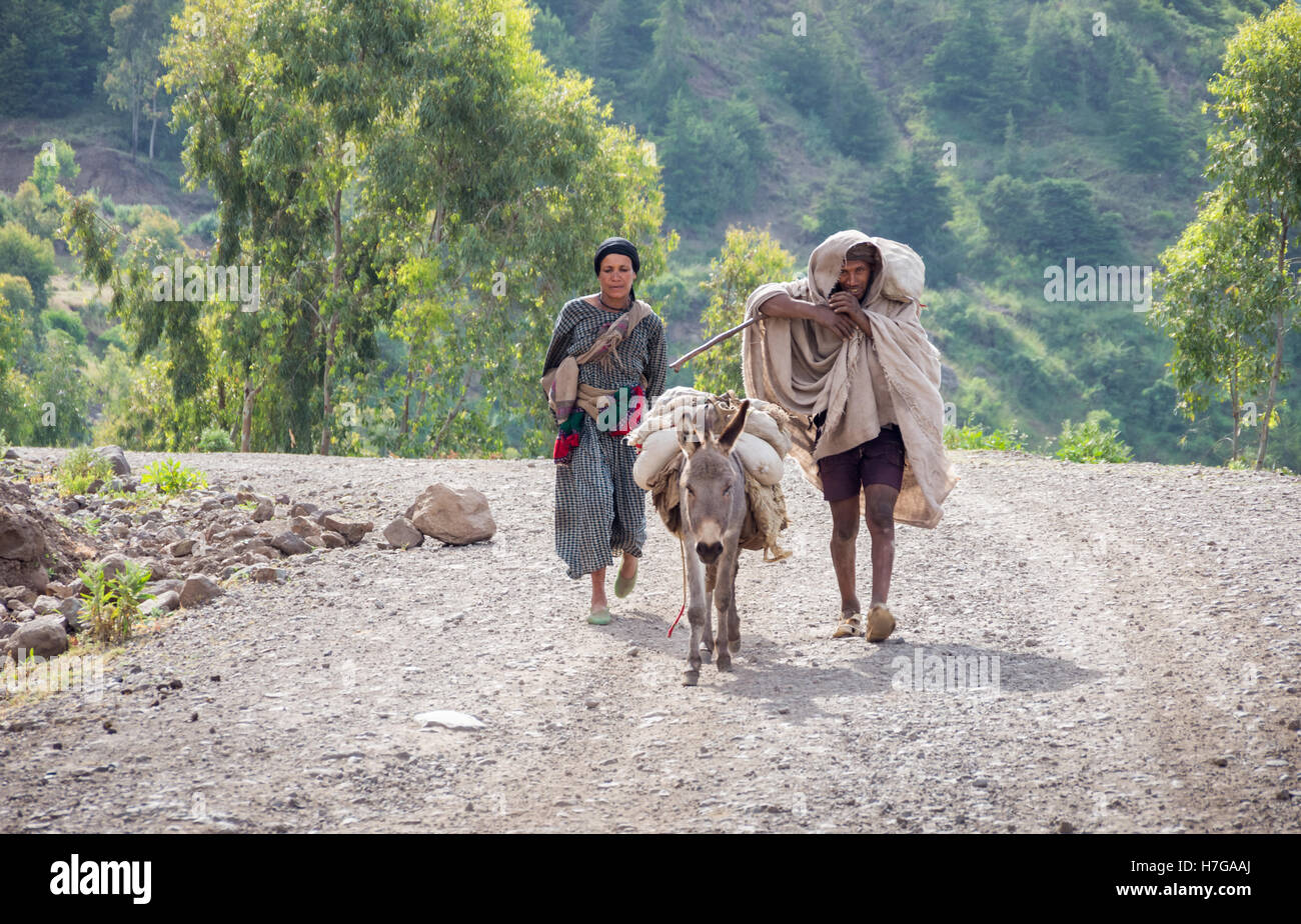 Villagers walking back home from Lalibela market, Amhara, Ethiopia