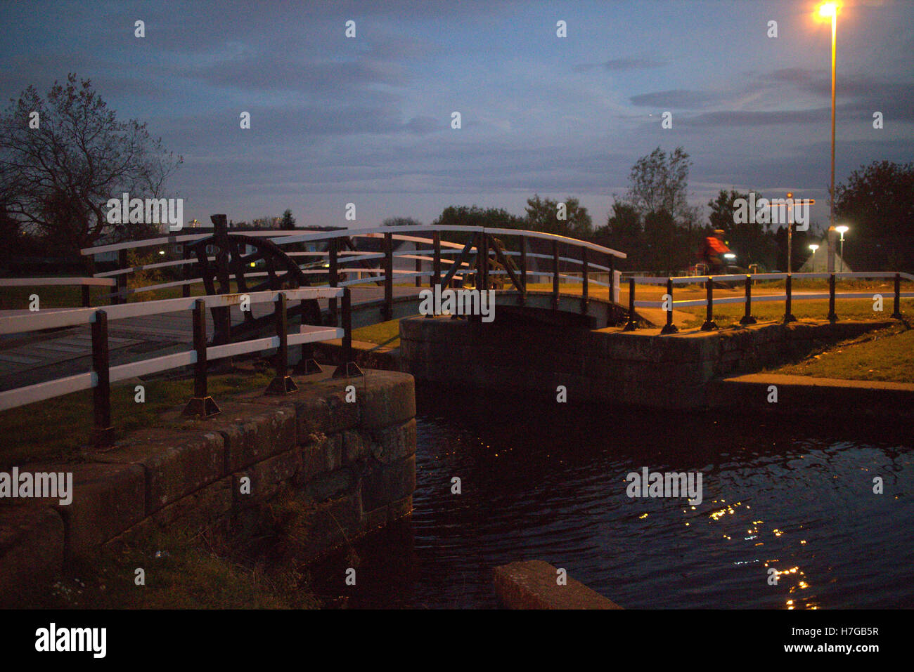lock bridge  Forth and Clyde canal night bike Stock Photo