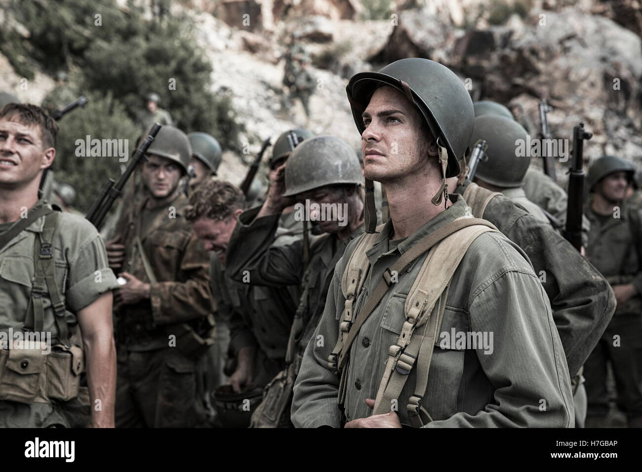 RELEASE DATE: November 4, 2016 TITLE: Hacksaw Ridge STUDIO: Lionsgate DIRECTOR: Mel Gibson PLOT: WWII American Army Medic Desmond T. Doss, who served during the Battle of Okinawa, refuses to kill people and becomes the first Conscientious Objector in American history to be awarded the Medal of Honor STARRING: Andrew Garfield as Desmond T. Doss (Credit Image: c Lionsgate/Entertainment Pictures/) Stock Photo