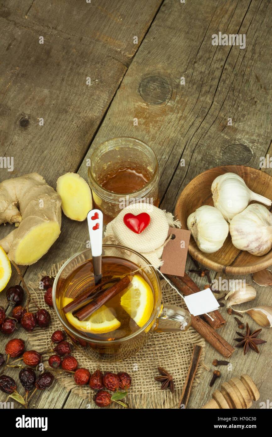 Natural treatment for colds and flu. Ginger lemon honey garlic and