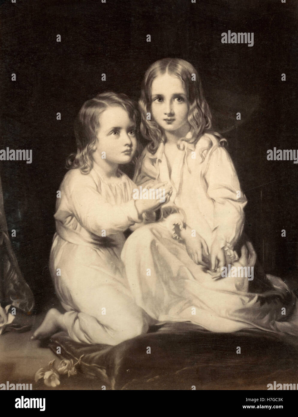 Two children with nightgown Victorian print Stock Photo Alamy