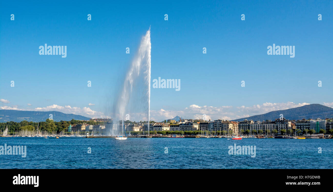 View of Lake Geneva with the Jet d'Eau, Lake Geneva, Geneva, Switzerland Stock Photo