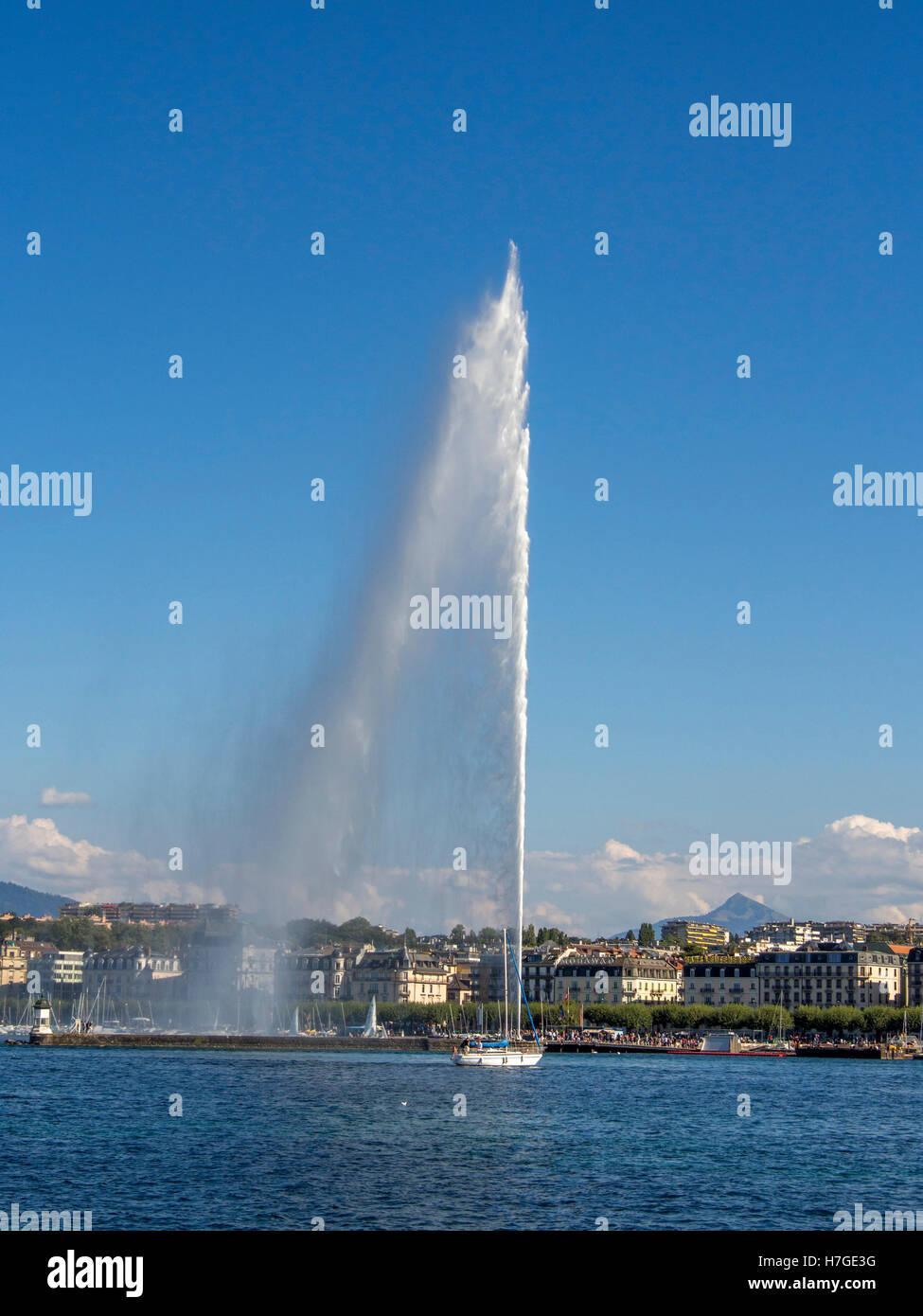 View of Lake Geneva with the Jet d'Eau, Lake Geneva, Geneva, Switzerland Stock Photo