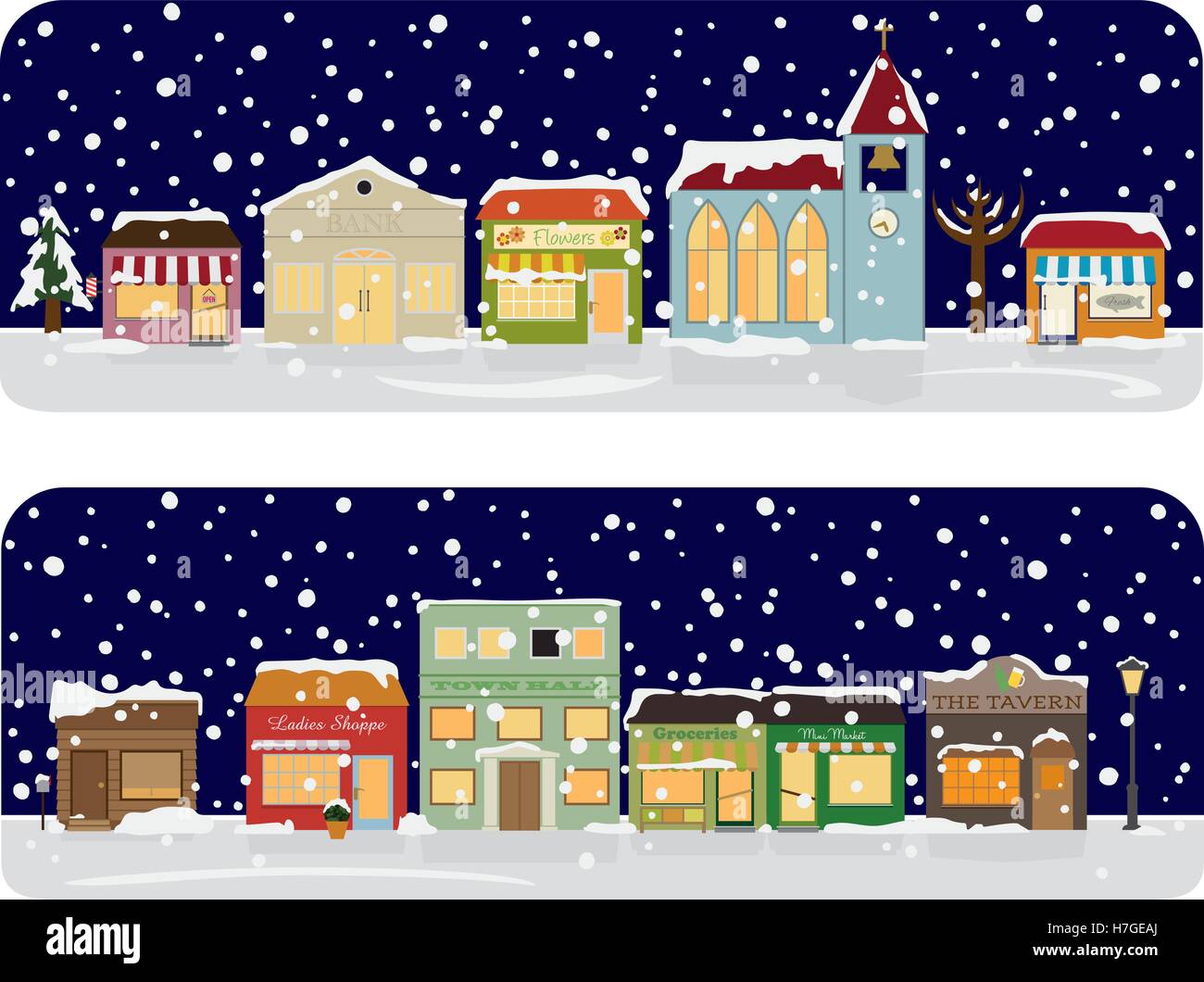 Vector Illustration of small town main street with shops, church, public buildings. Objects are grouped, text on separate layer. Stock Vector