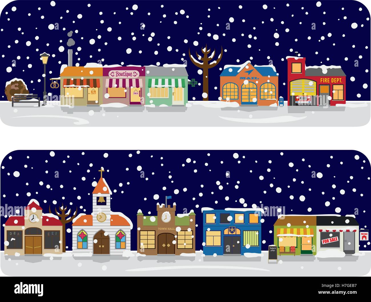 Small town main street with shops, church and public buildings in winter. All objects are grouped, text on separate layer. Stock Vector